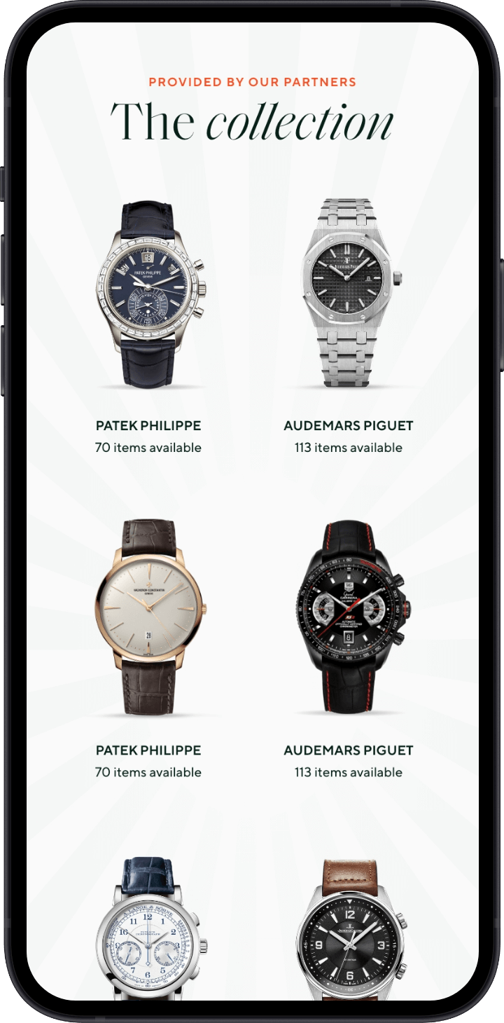 Smartphone toont beschikbare luxe horloges van Patek Philippe en Audemars Piguet.