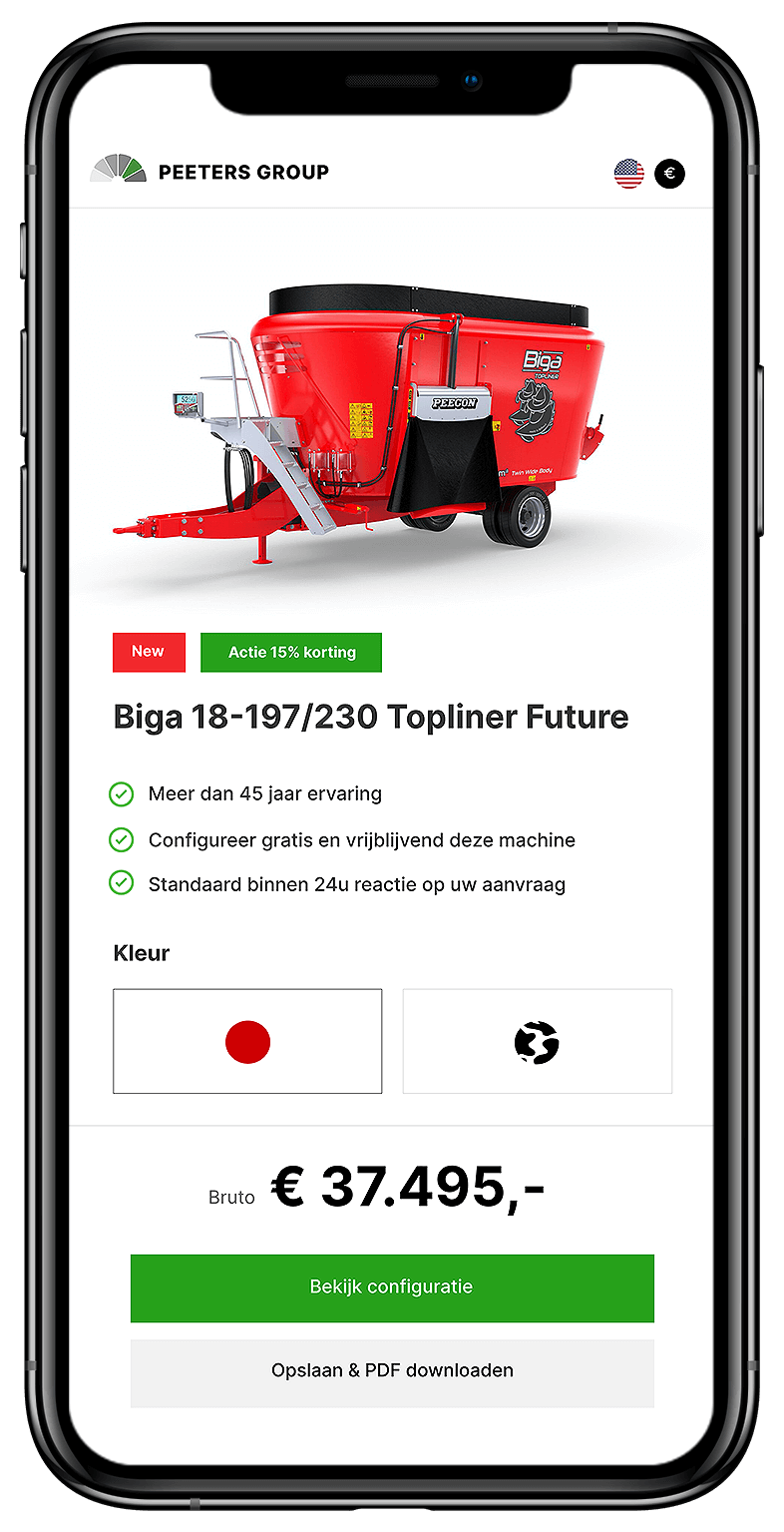 Peeters Group presenteert op de verkooppagina voor smartphones een opvallende rode Biga-mixer met prijzen en aanpassingsopties.