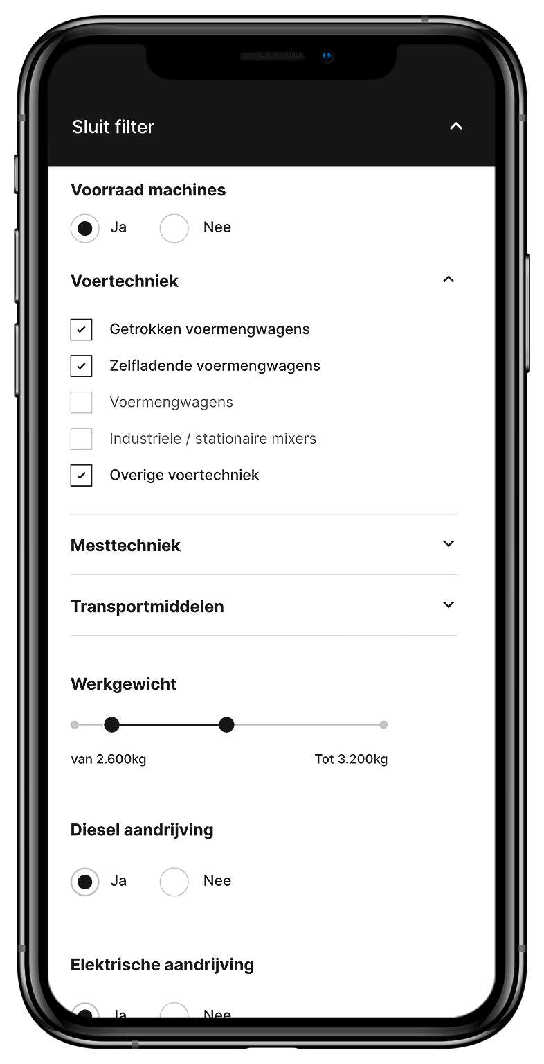 Op de telefoon wordt een Peeters Group-filtermenu weergegeven waarmee u voertuig-/machinetypen kunt selecteren, plus een schuifregelaar voor het gewichtsbereik.