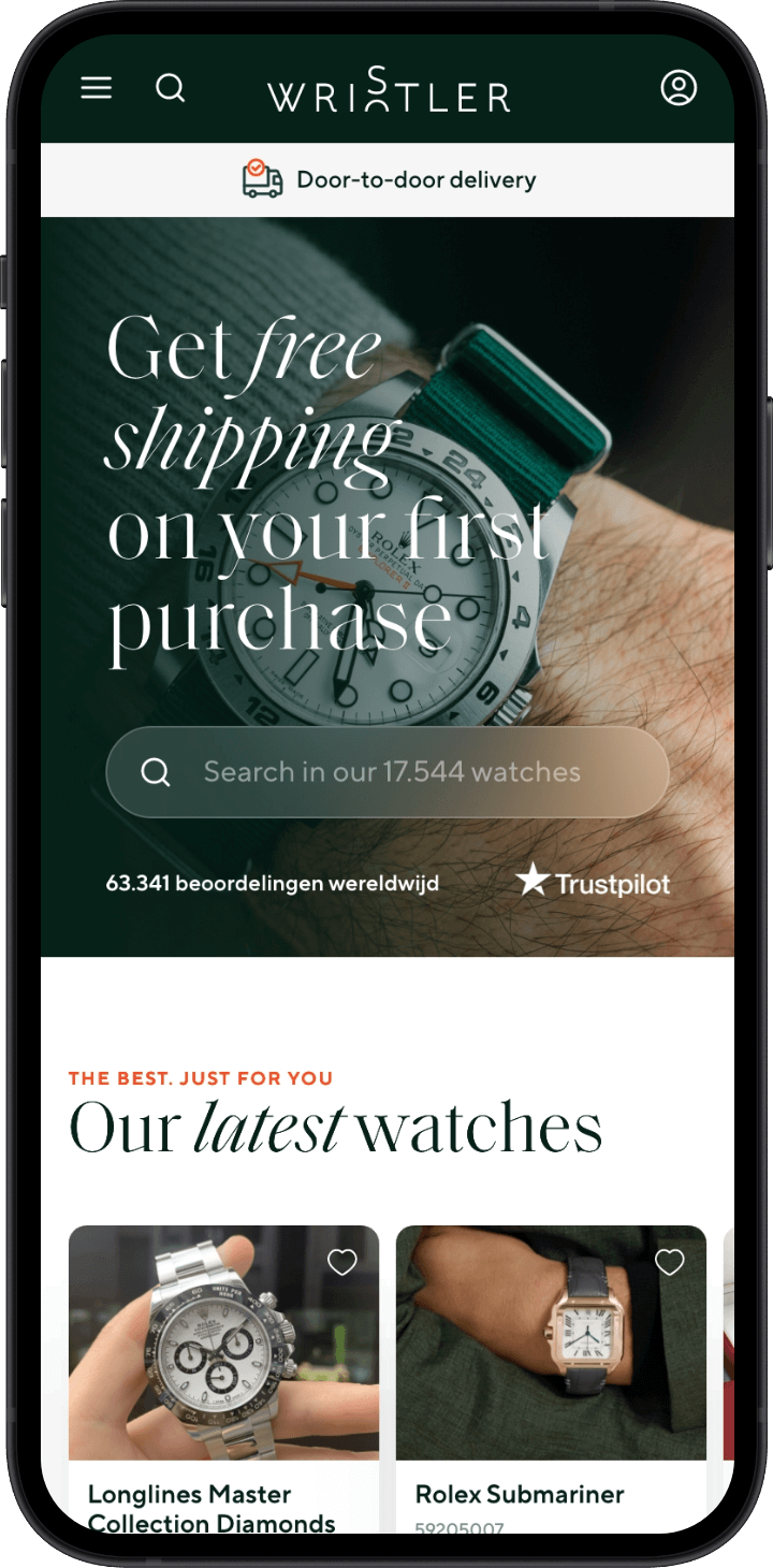 Smartphone met een luxe horlogesite met gratis verzending.