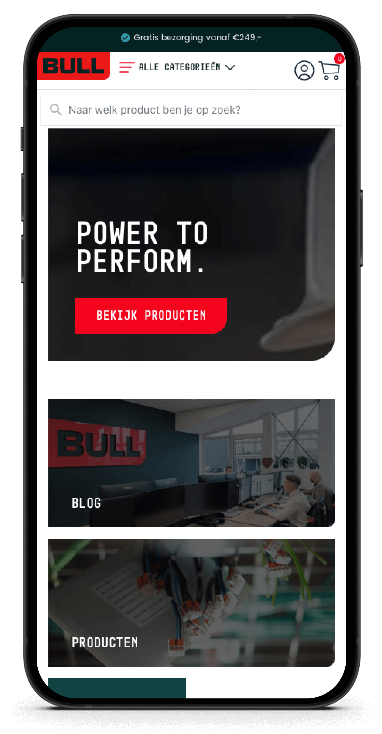 Op een smartphone wordt een site weergegeven met een zoekbalk, de tekst 'Power to Perform' en links naar blogs en producten.