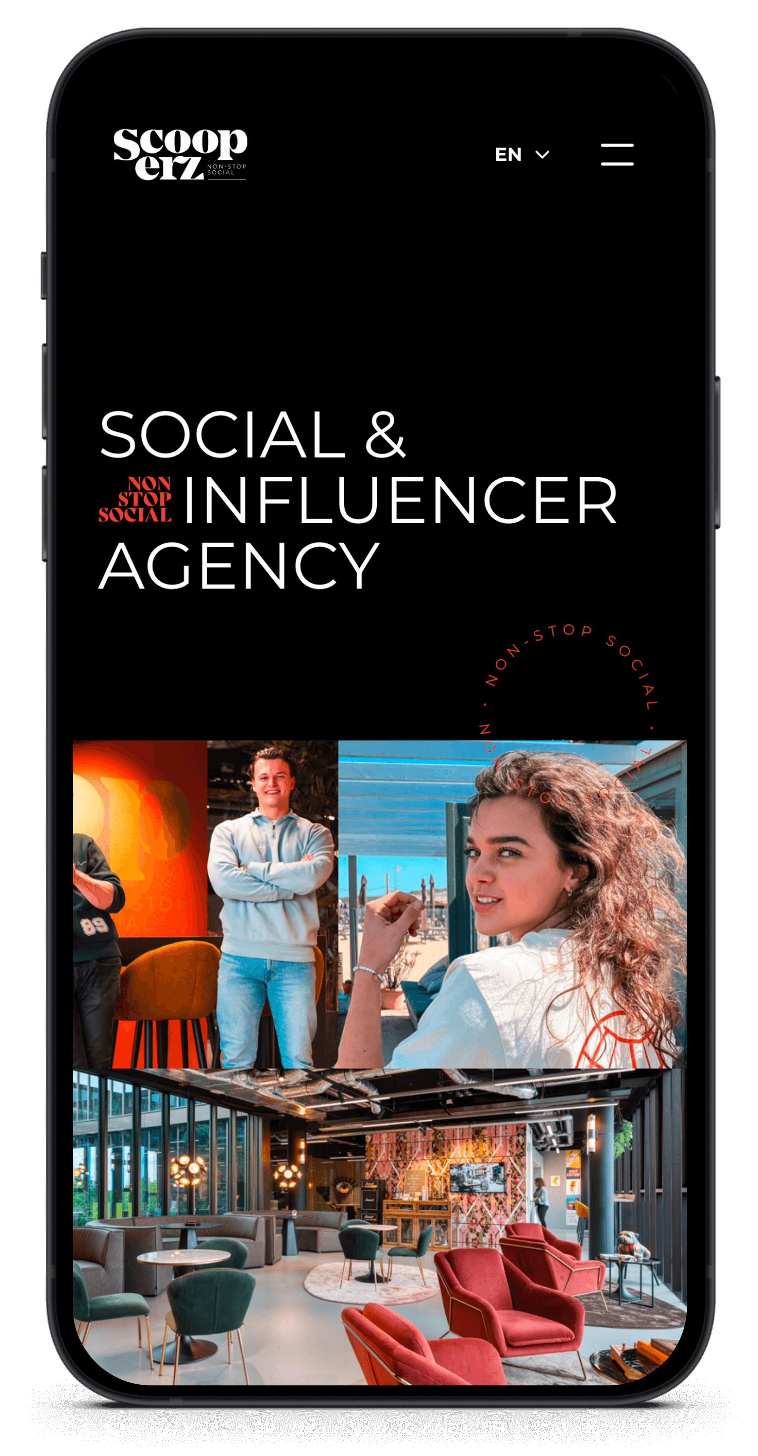 De mobiele site van Scooperz bevat opvallende tekst en levendige afbeeldingen die hun sociale- en influenceragentschap benadrukken.