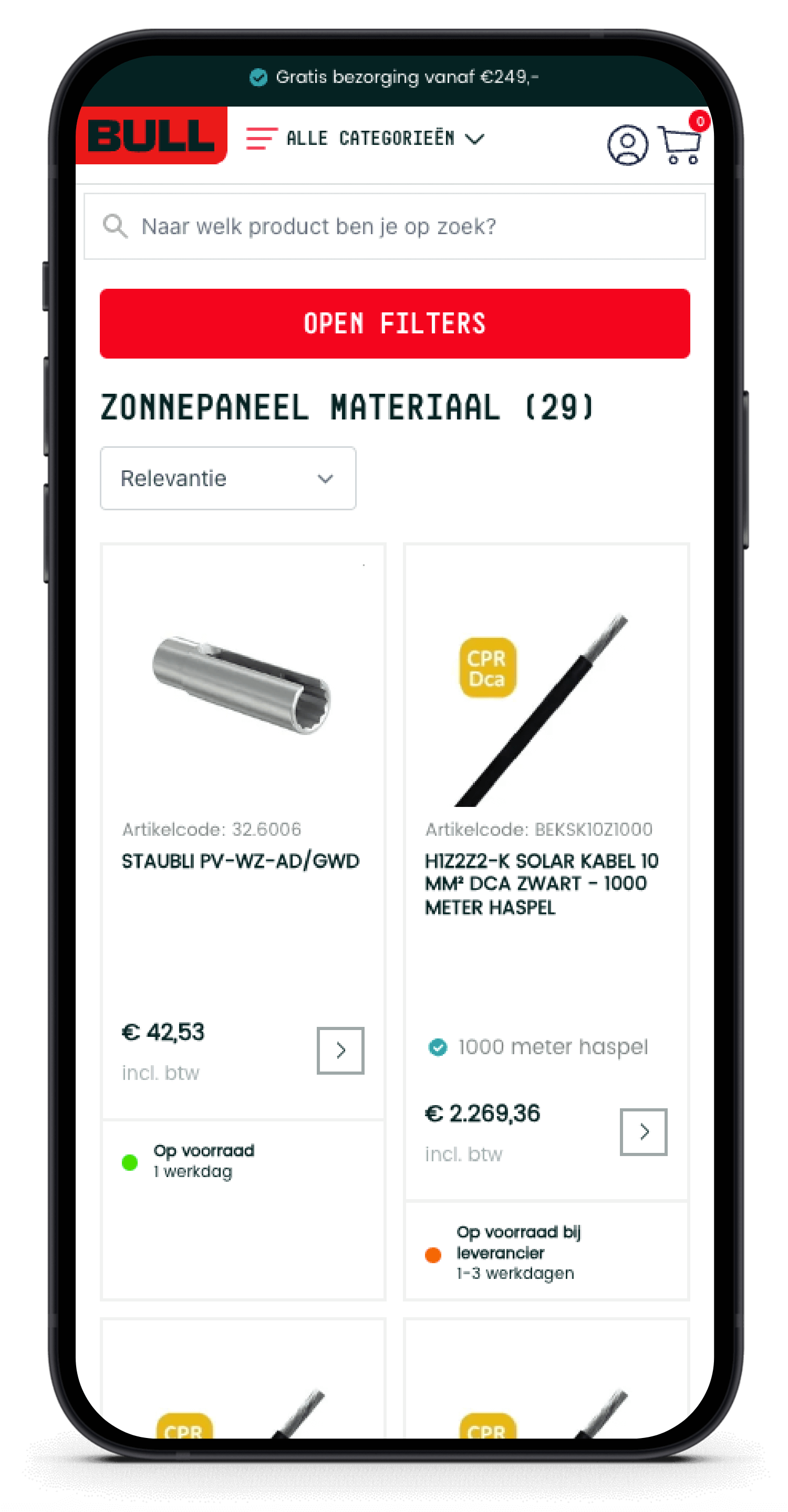 Smartphone met een zonnepaneelwinkel: bekijk de artikelen, prijzen en filteropties.