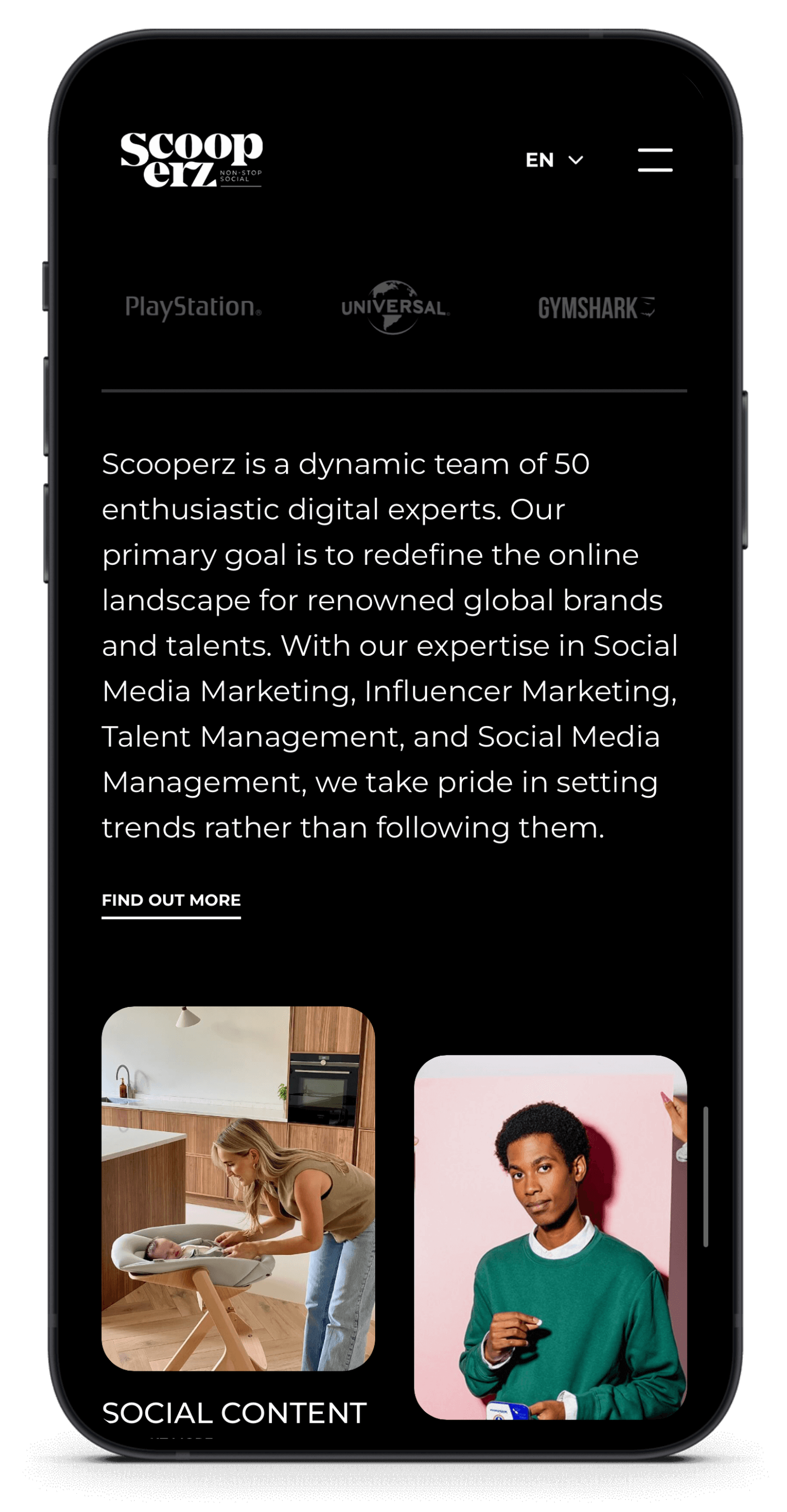De Scooperz Scoop 017-site bevat dynamische teamteksten en foto's van twee inspirerende individuen.