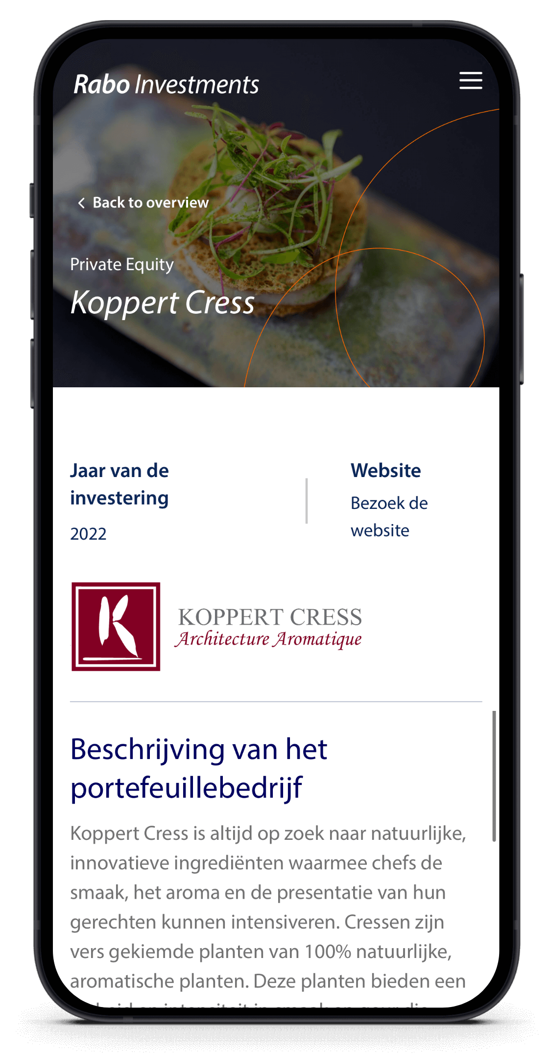Smartphone met de investeringspagina van Koppert Cress met logo.