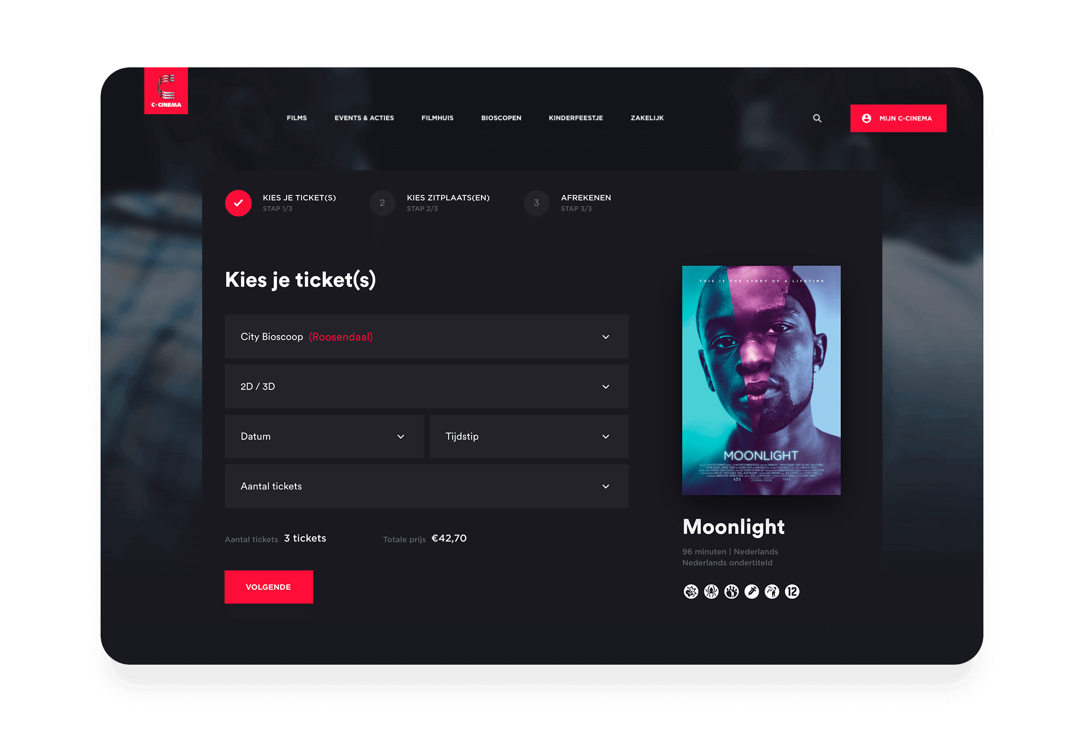 Moonlight Movie Tickets: Kies stoelen, bekijk poster, totaalprijs wordt weergegeven.