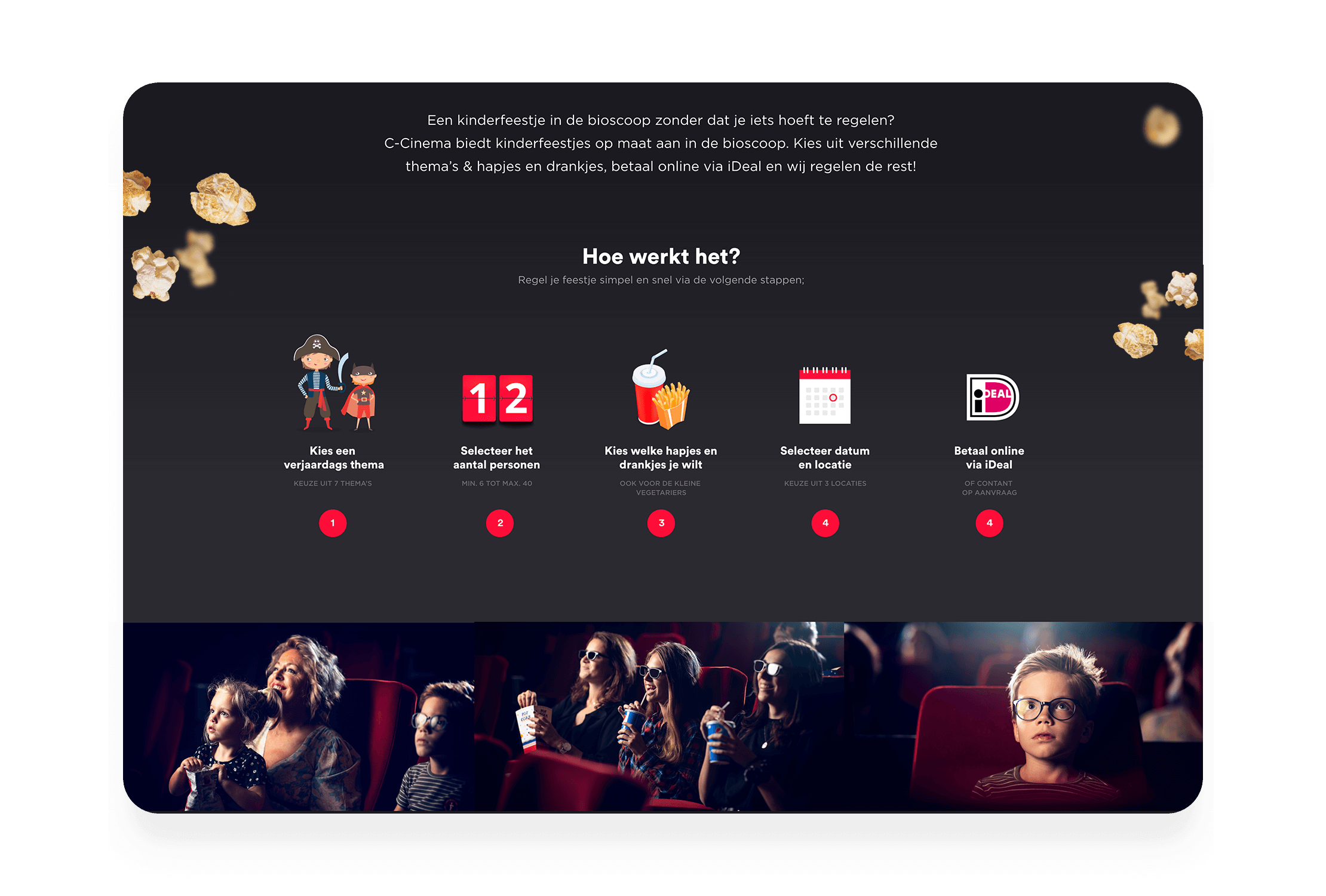 Tekenfilmfiguren van kinderen en feestvierende figuren op het scherm; publiek zit in een theater.