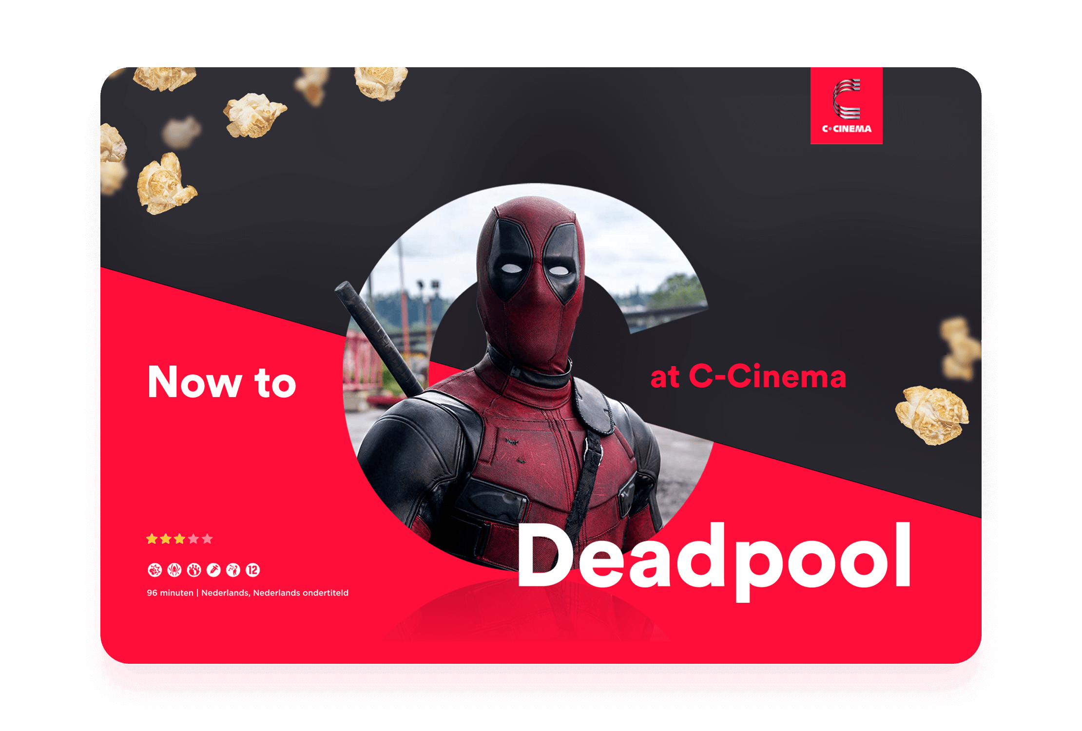 Bekijk Deadpool bij C-Cinema! 💥 Popcorn bij elke stoel. 🎬 Mis het niet! 🍿 #Ccinema #Deadpool.
