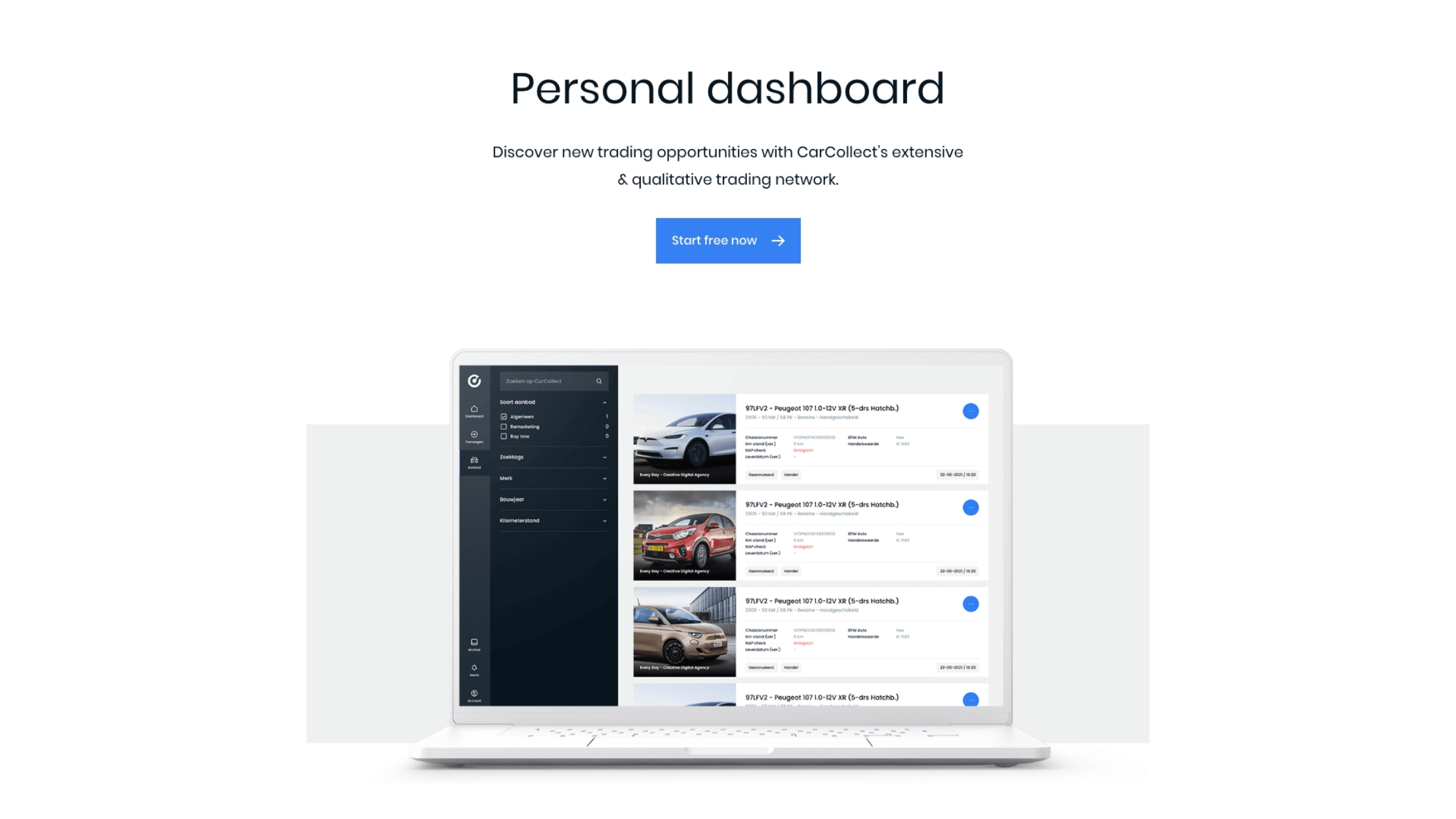 Laptop toont het dashboard met auto-inruillijsten. Meld je nu aan met de knop 'CarCollect Start'!.