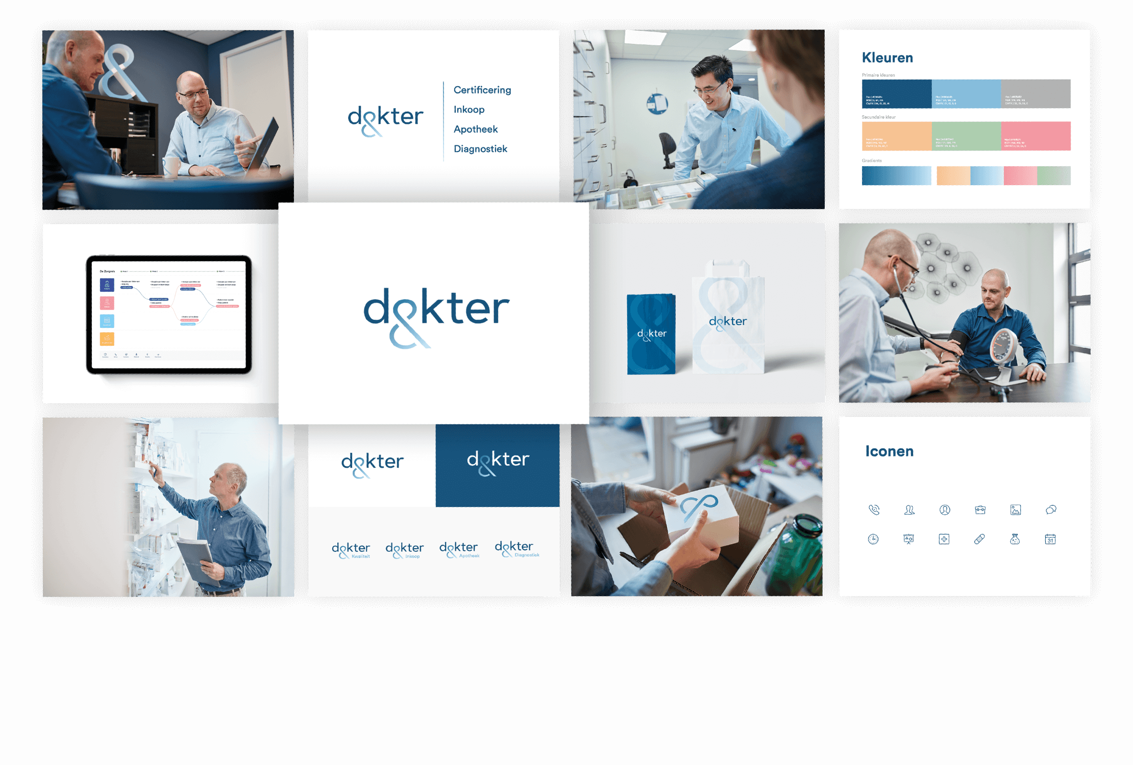 Dokter-merkraster: medische kleurenpaletten, pictogrammen en afbeeldingen van personeel.