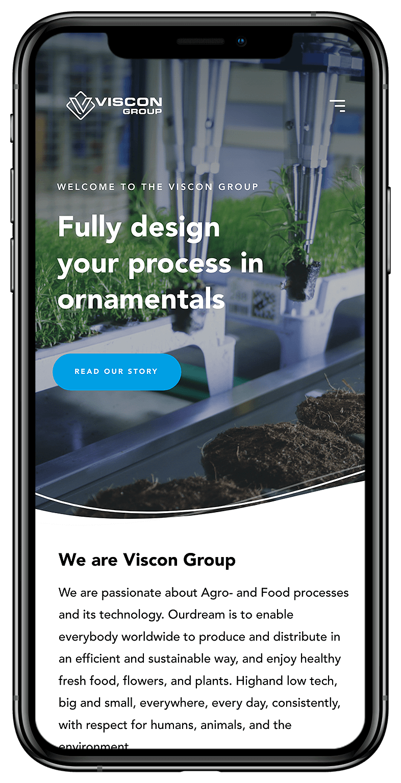 Op een smartphone wordt de locatie van de Viscon Group getoond, met de nieuwste fabriekstechnologie en een introductie van het bedrijf.