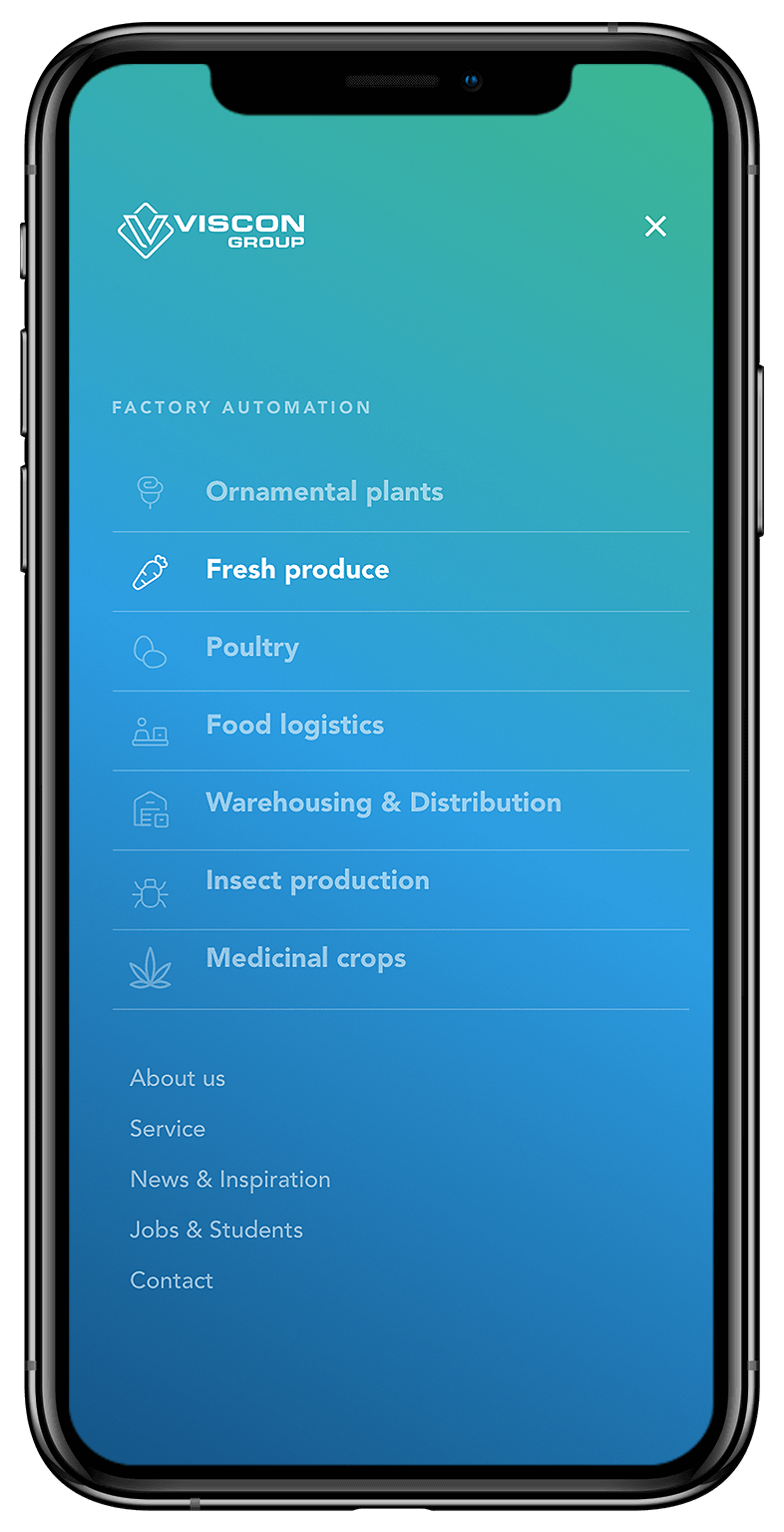 De Viscon Group-app op de smartphone stroomlijnt fabrieksautomatisering met intuïtieve menuopties voor alle sectoren.