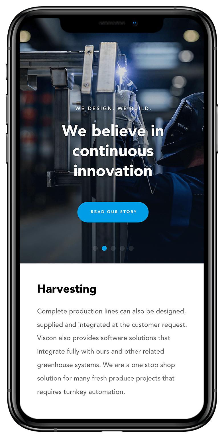 Een smartphone toont de site van Viscon Group over geavanceerde oogsttechnologie en continue innovatie.