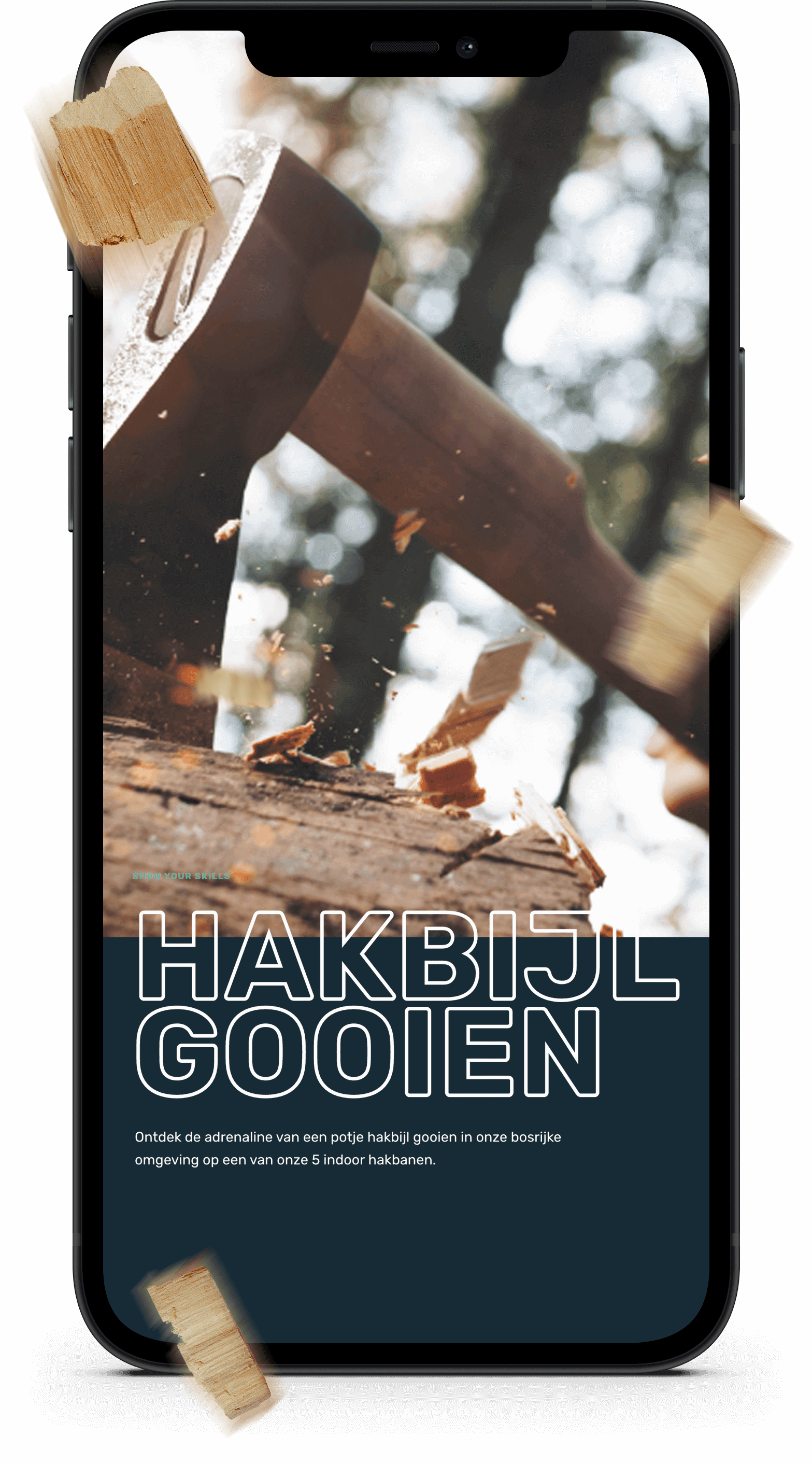 Bijl slaat met hout op smartphonescherm.