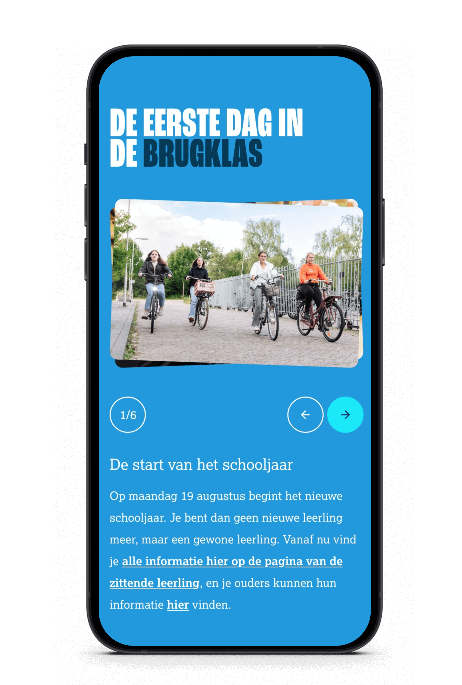 Smartphone toont fietsgroep met Nederlandse tekst over eerste schooldag.