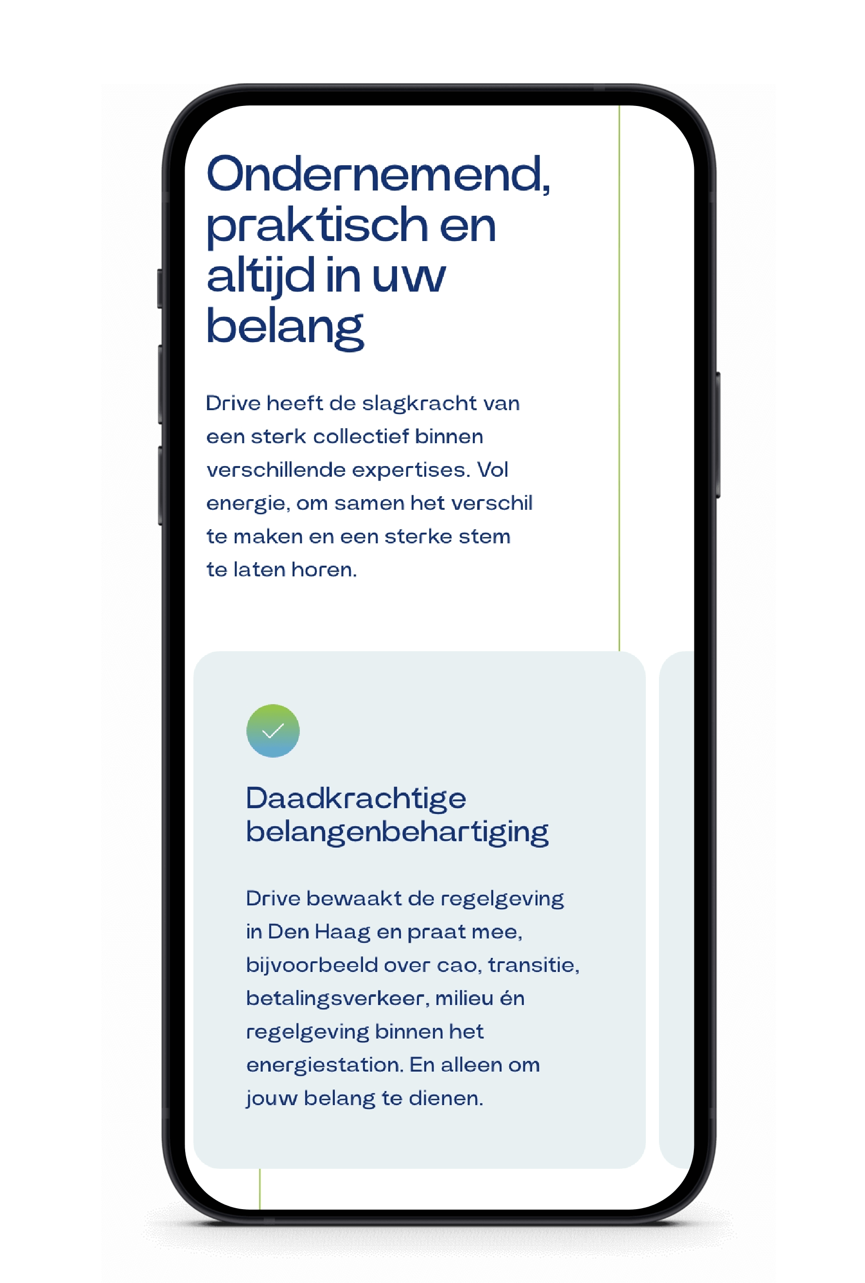 Smartphone toont Nederlandse tekst over proactief zijn en praktische beslissingen nemen.