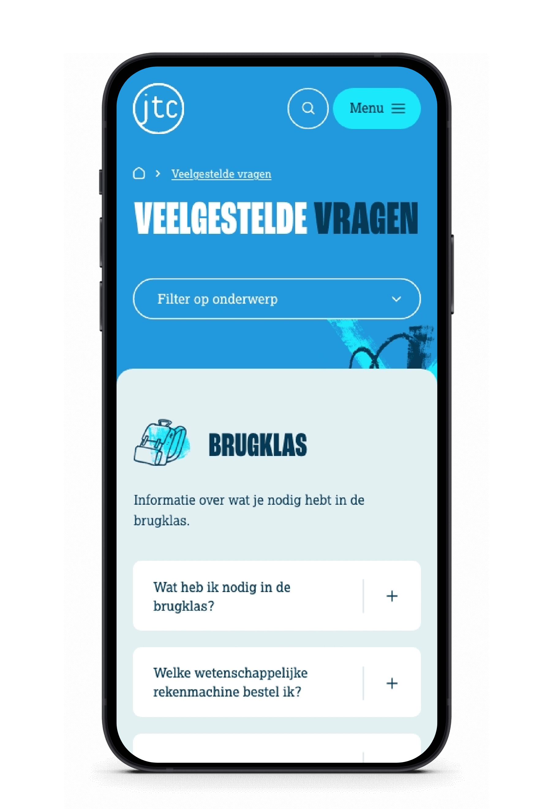 Blauwe Nederlandse FAQ-pagina op smartphone met iconen.