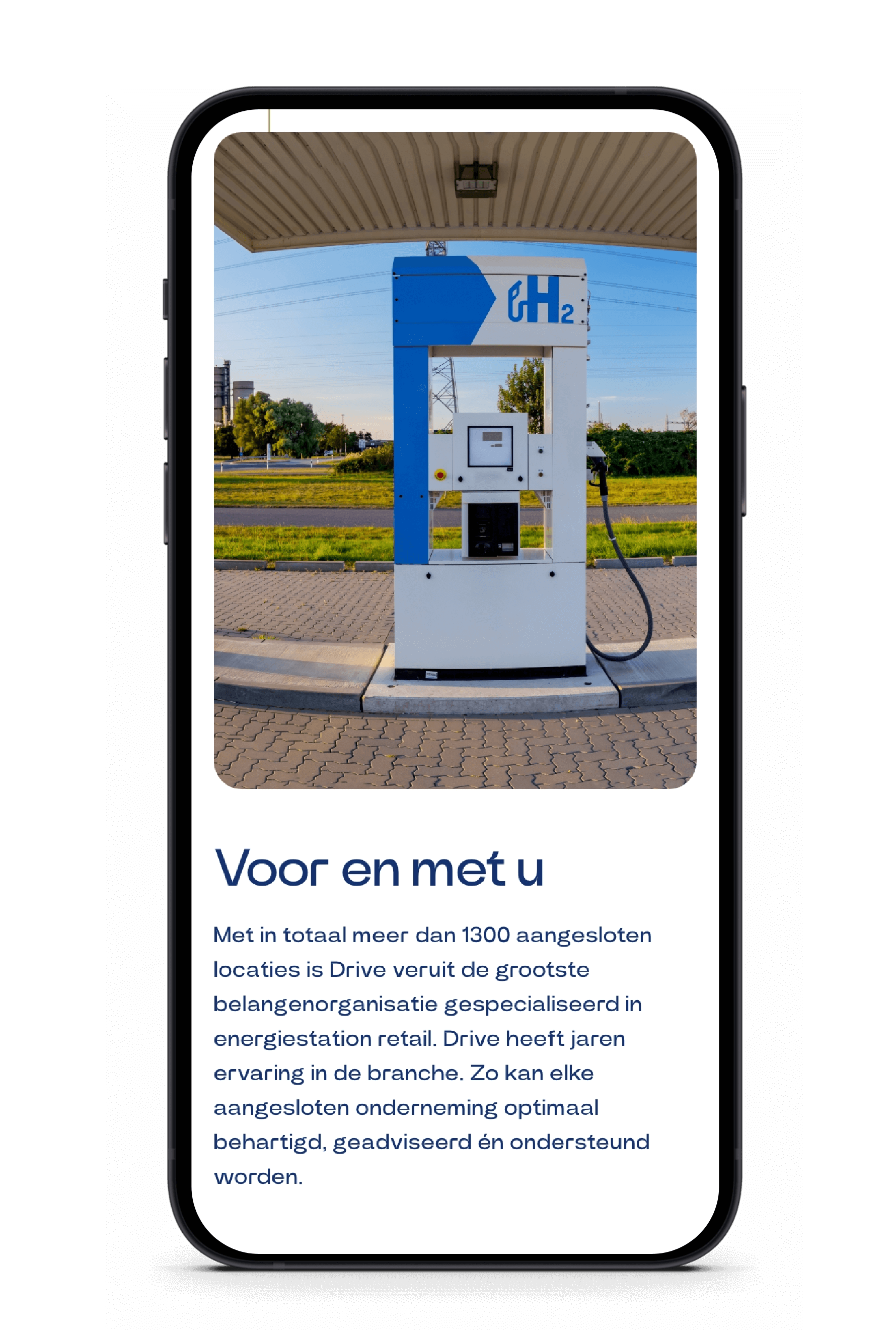 Op een smartphone verschijnt een app met een waterstofpompicoon en Nederlandse tekst.