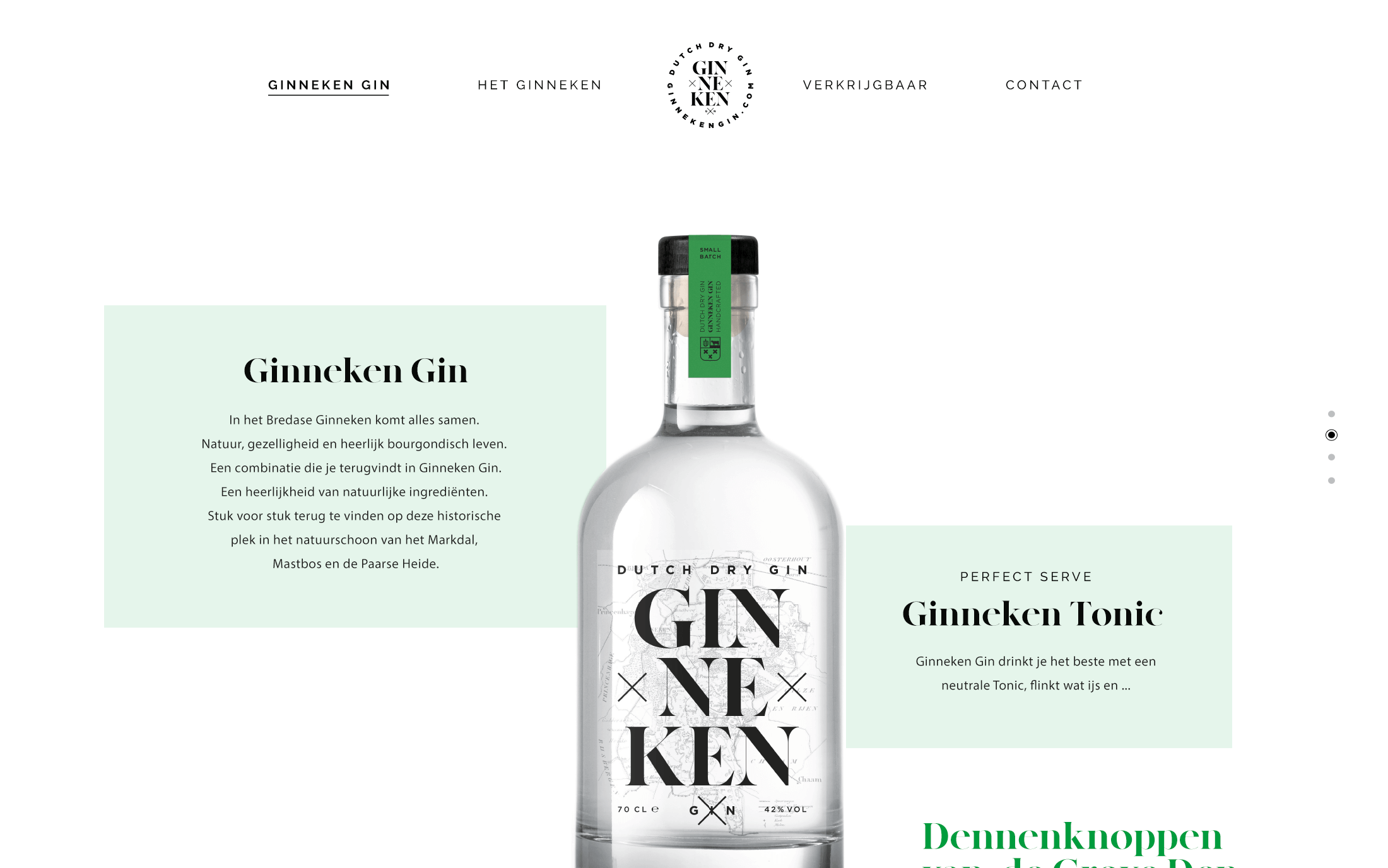 De Ginneken-ginfles wordt tentoongesteld op GinnekenGin.com, een site met tekstvakken en een strak, minimalistisch ontwerp.