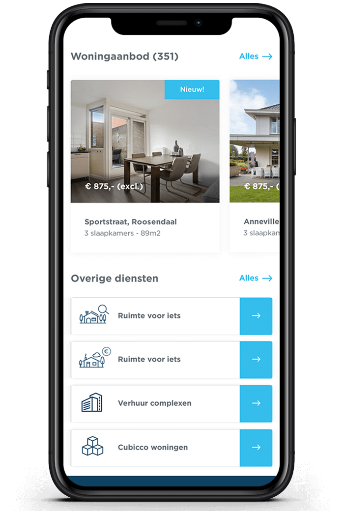 Smartphone met CS Wonen-app: bekijk het woningaanbod en krijg toegang tot allerlei extra services.