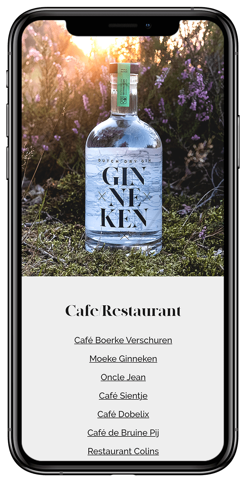 Fles van Ginneken Gin op gras; lijst van cafés en restaurants gloeit op smartphone.