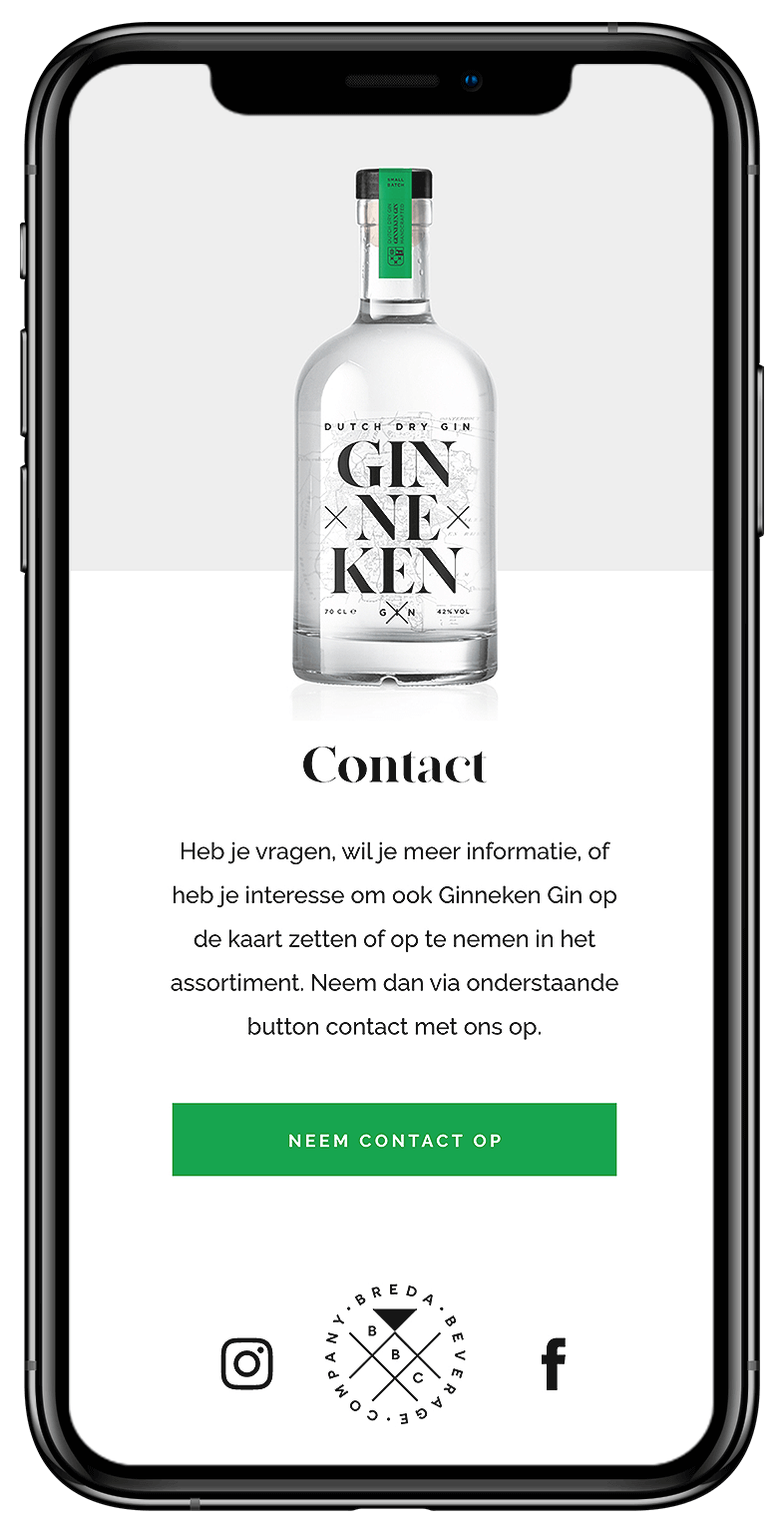 Op een smartphone verschijnt een webpagina met een premium fles Ginneken Gin en een handige knop "Neem Contact Op".
