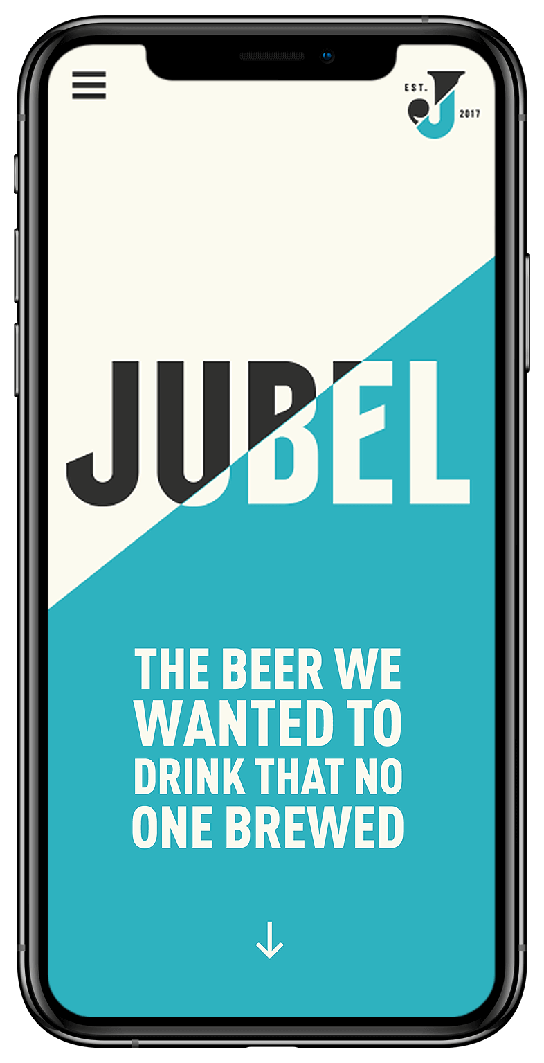 Op een smartphone staat Jubel Beer afgebeeld met de gestroomlijnde slogan: "Het bier waar we naar verlangden, maar dat niemand brouwde.