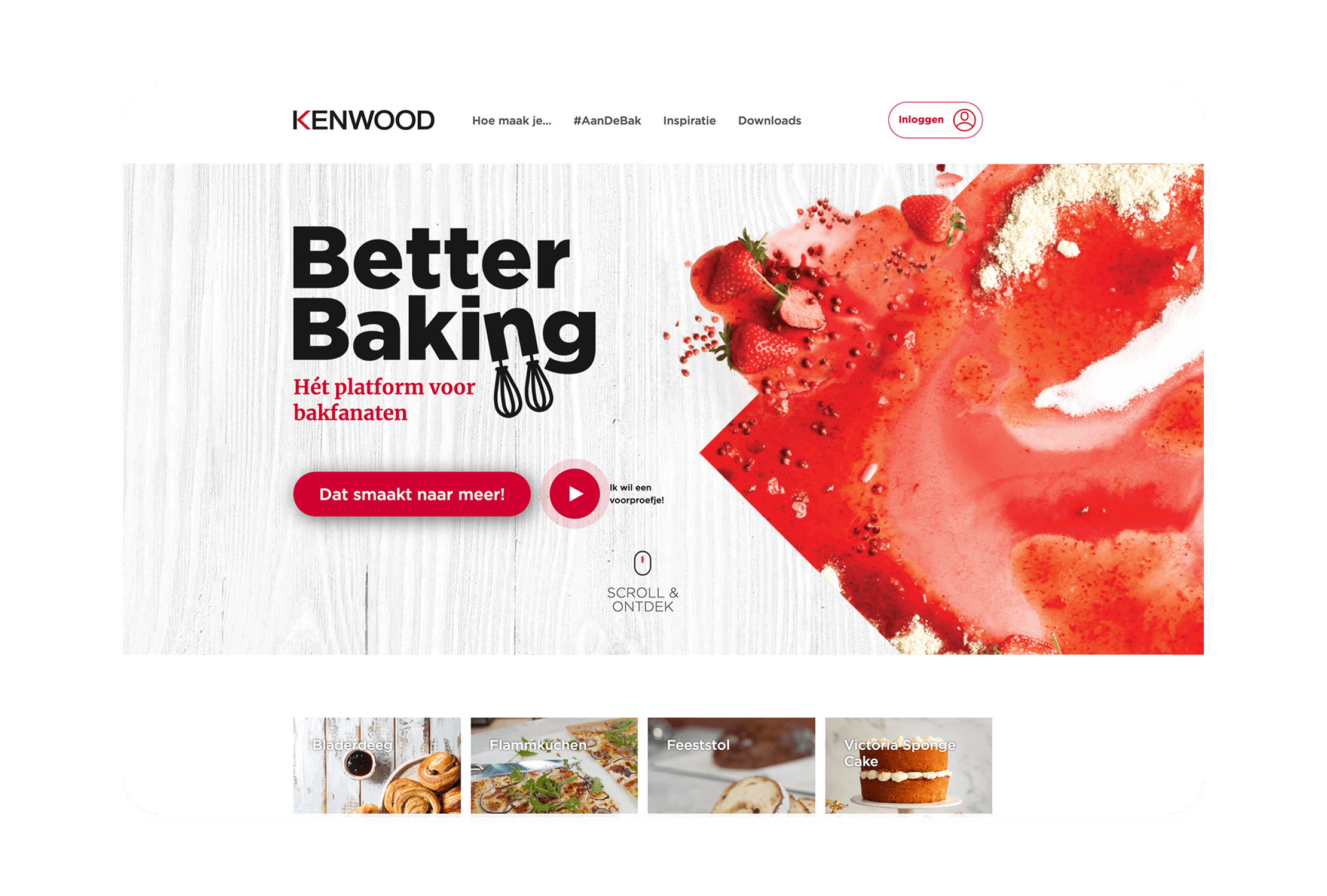 Pagina met bakthema, rood/witte accenten, de tekst "Better Baking" en een afspeelknop.