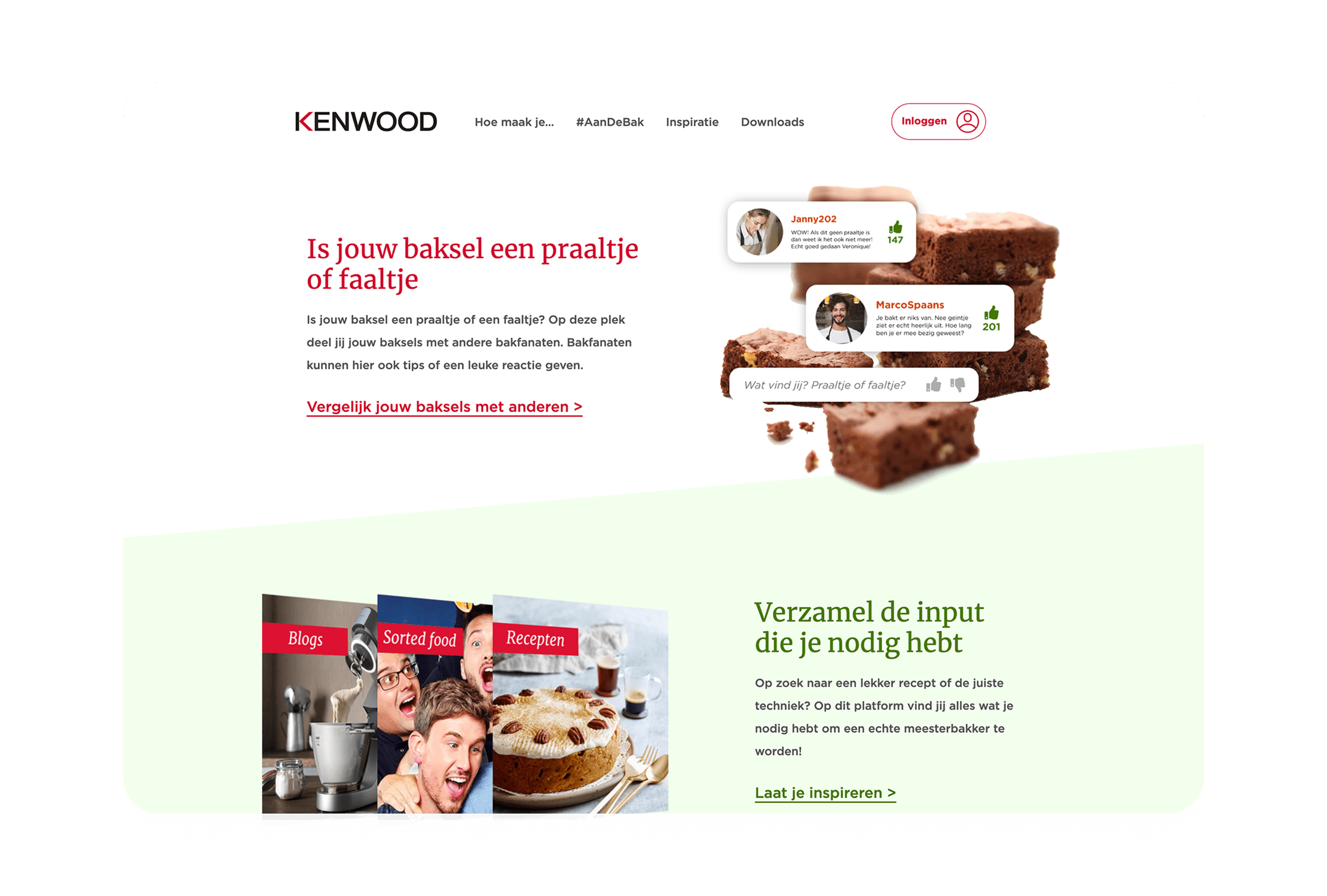 Een Nederlandse website met afbeeldingen met het bakthema: brownies en lachende mensen.