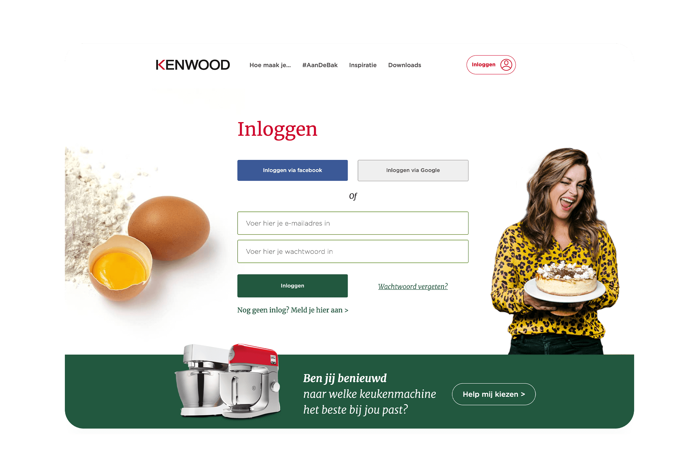 Kenwood-login: lachende vrouw, dessert in haar hand, afbeeldingen van eieren.