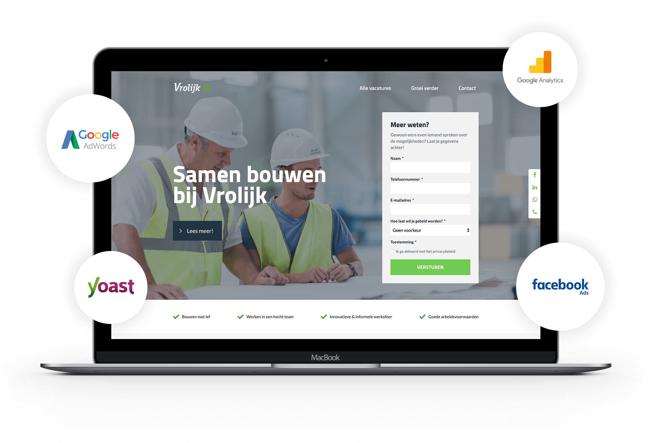 Op een laptop is de site van Bouwbedrijf Vrolijk te zien met logo's: Google Analytics, Google Ads, Yoast en Facebook Ads.