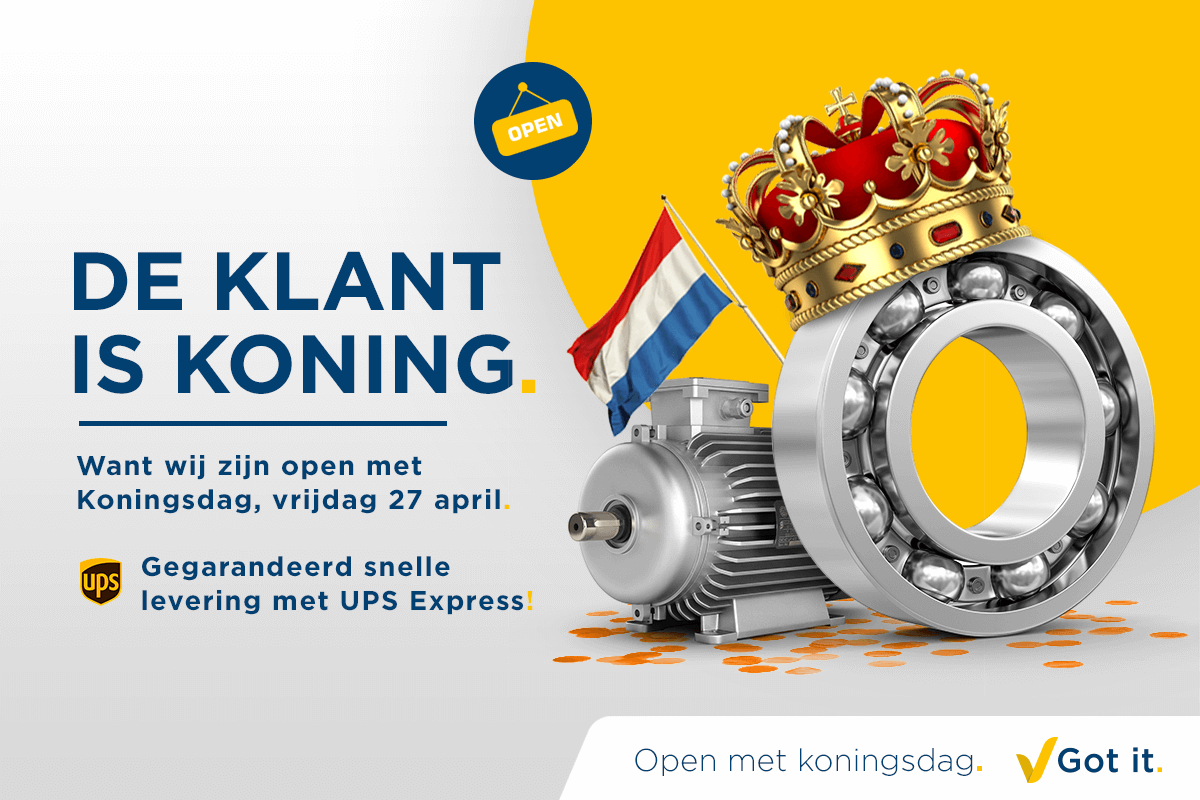 Motor en kroon met Nederlandse vlag, "DE KLANT IS KONING", ABF-logo, UPS-embleem en "Open met Koningsdag.