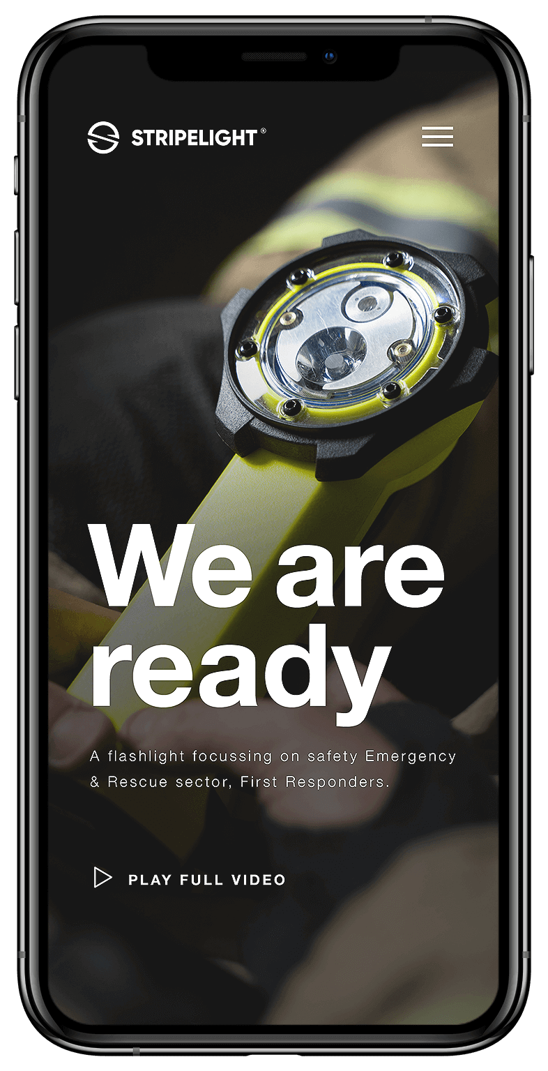 Close-up: Robuuste stripelight zaklamp. Tekst: We zijn klaar.