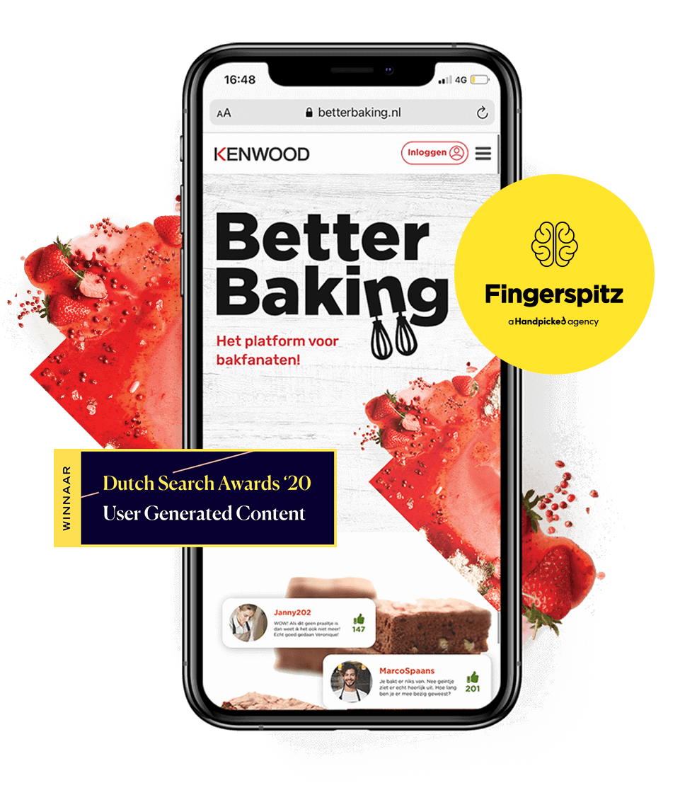Smartphone toont een bakplek; fruit en desserts vormen de achtergrond.