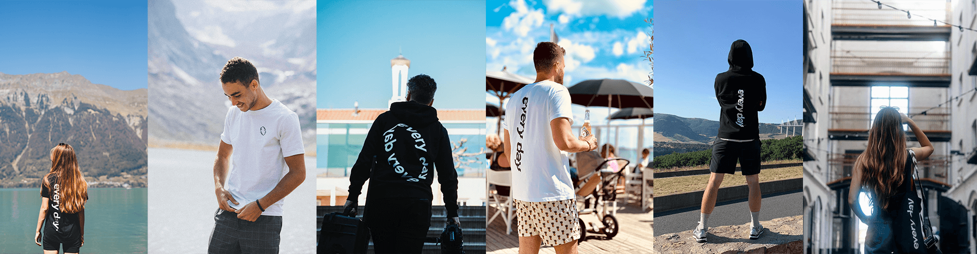 Een collage van mensen op mooie plekken, gekleed in casual T-shirts en hoodies.