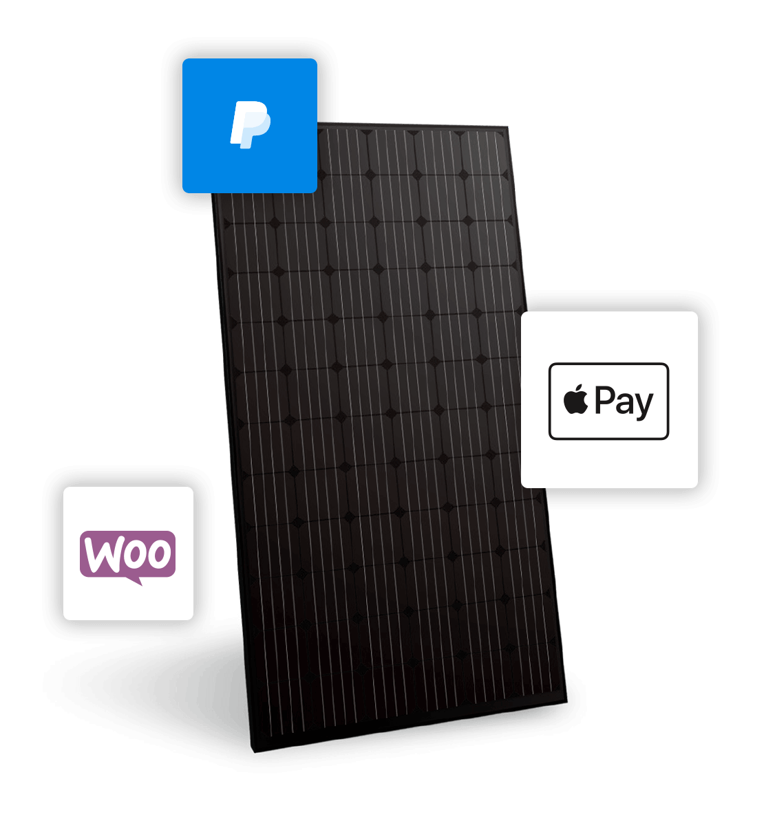 Een YMX Euro Solar-paneel met PayPal-, Apple Pay- en WooCommerce-iconen steekt opvallend af tegen een strakke, zwarte achtergrond.